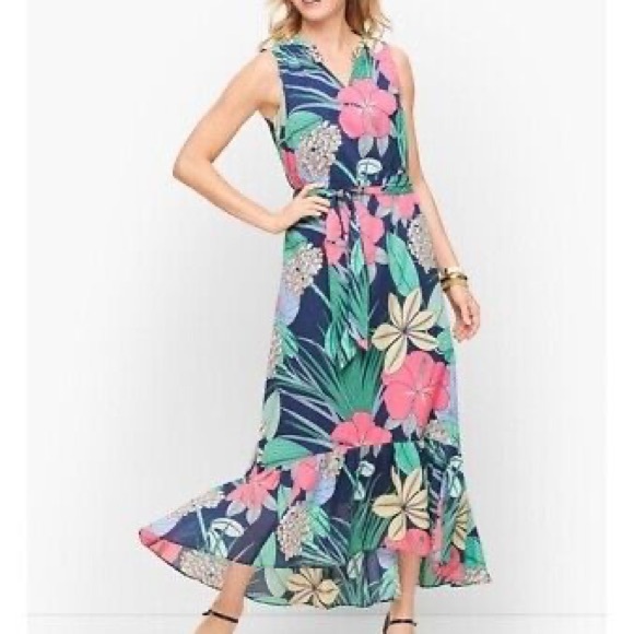 Talbots Voile Hibiscus Maxi Dress Floral Size 8 Petite Cotton Belted Sleeveless - Picture 1 of 10
